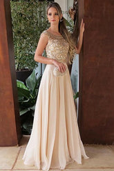 Elegant Chiffon A Line Cap Sleeves Round Neck Long Prom Dress with Beading